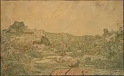 Город с четырьмя башнями. Ок. 1631. Офорт, печать на шерстяной ткани, раскраска кистью. Художественный музей Цинциннати, Огайо, США