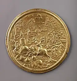 Медальон «Подвиг Марка Курция». 1596–1600. Медь, литьё, золочение. Метрополитен-музей, Нью-Йорк