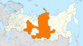 Регионы России, на территории которых возникли пожары, выделены ярко-оранжевым цветом, на июнь 2022