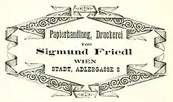 Визитная карточка З. Фридля с указанием адреса его магазина канцелярских товаров и типографии в Вене