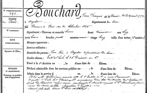 Экзаменационная ведомость Пьера Бушара с описанием его внешности