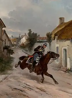 Солдат, скачущий через город.