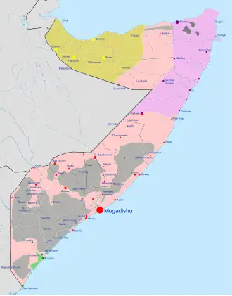  Под контролем Федерального правительства/АМИСОМ
 Под контролем самопровозглашённого Сомалиленда
 Под контролем Харакат аш-Шабаб
 Под контролем ИГ
 Под контролем Пунтленда
 Под контролем джубалендских дервишских сил и движения Раскамбони