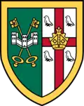 Per pale vert and argent, to the dexter two keys in saltire or surmounted by a triple towered castle argent masoned sable and on the sinister a cross gules surmounted by a mitre or between four martlets sable, the whole within a bordure or.