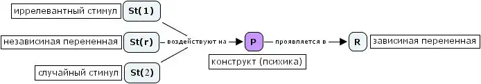 St(r) — релевантные стимулы, St(1) — иррелевантные стимулы, St(2) — случайные стимулы, R — реакция испытуемого, P — личность испытуемого, его психика