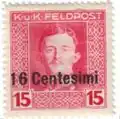Оккупационная марка: надпечатка на марке полевой почты Австрии в Италии, 1918, 16 чентезимо (Sc #N8)[^]