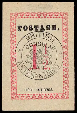 1886, надпись «Postage.», 1½ пенса, чёрная печать «British Consular Mail / Antananarivo» (Sc #34)