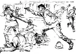 Боевик стреляет в полицейского. Рисунок из польской социалистической газеты Robotnik. 1907.