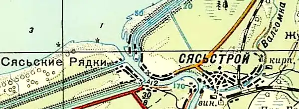 Село Сясьские Рядки на карте 1940 года