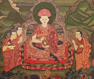 Тензин Рабджи и слуги, настенная живопись, конец XVII века, zimkhang, Монастырь Танго, Бутан