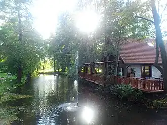 Пруд и ресторан в парке Лёвенру