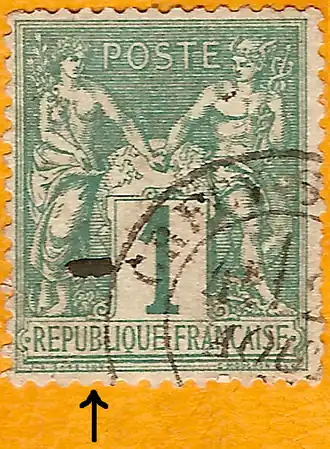 1876: 1 сантим (Mi #56I; Yt #61).Тип I: буква «N» в слове «INV» по нижнему краю располагается под буквой «B» в «REPUBLIQUE» (показано стрелкой)
