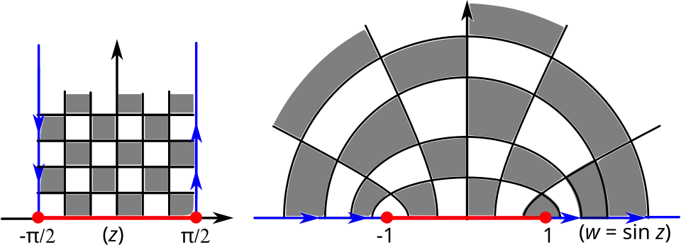 Преобразование вертикальной полуполосы в верхнюю полуплоскость функцией 
  
    
      
        w
        =
        sin
        ⁡
        z
      
    
    {\displaystyle w=\sin z}