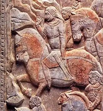 Тюркские всадники (с длинными волосами) на погребальном саркофаге Михо. ок. 570 г.