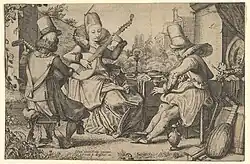 Элегантно одетые мужчина и женщина в саду. Офорт, сухая игла