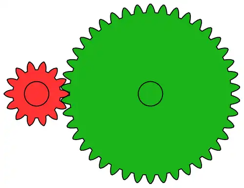 Пара зубчатых колёс с ВНЕШНИМ зацеплением.Передаточное число — 3 (42/14).Вращение колёс происходит противонаправленно.