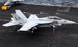 Многоцелевой истребитель-бомбардировщик F/A-18E/F «Супер-Хорнет» в момент касания палубы Авианосец № 69 «Эйзенхауэр»