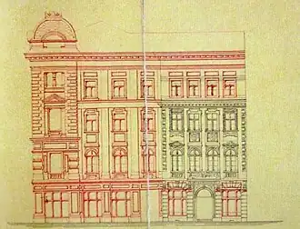Проект нового здания Р.Шмелинга, со вписанным в него фасадом дома Хаберланда. 1880.
