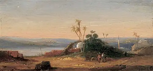 Восточный пейзаж с видом на город и двумя путешественниками на переднем плане (ранее 1902)