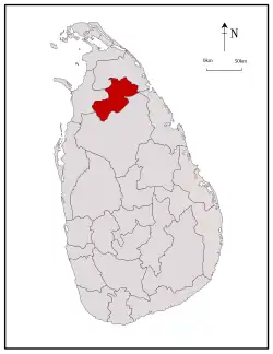 Area map of Vavuniya District, located in the middle of the northern half of the country, running roughly in a south west—north east direction, in the Northern Province of Sri Lanka