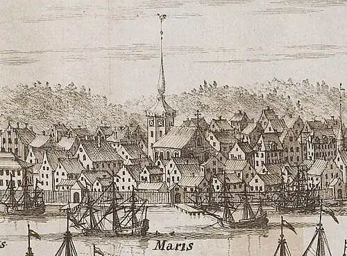 Фрагмент гравюры по рисунку Э. Дальберга 1681 года с изображением лютеранского собора и его колокольни с флюгером в виде церковного петуха