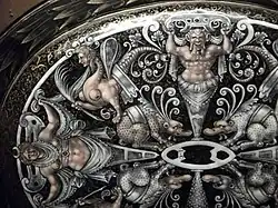 Ж. де Кур (?). Деталь «тарели с гротесками». Ок. 1540 г. Медь, живописная эмаль. Британский музей, Лондон