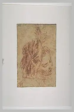 Антуан Ватто. Этюд головы молодого мужчины в берете с пером. Ок. 1715. Бумага, сангина. 9,6 × 6,1 см.Лувр, Париж