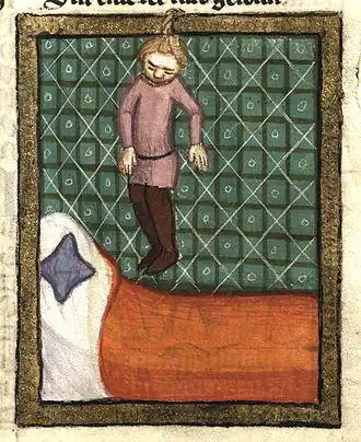 Самоубийство Ахитофела. Миниатюра из «Всемирной хроники» Рудольфа Эмсского.