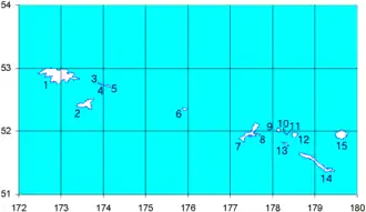6 — Булдырь; 7 — Кыска; 8 — Малая Кыска; 9 — Сегула; 10 — Хвостова; 11 — Давыдова; 12 — Малый Ситкин; 13 — Крысий; 14 — Амчитка; 15 — Семисопочный