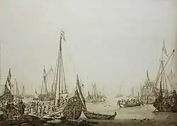 Голландская яхта Безан и многие другие суда в переполненной гавани рядом с таверной. Картон, перо, сепия. Королевские музеи, Гринвич