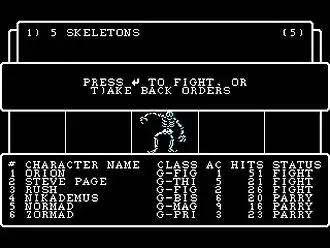 Встреча с группой скелетов на первом уровне подземелья. Версия игры для DOS.