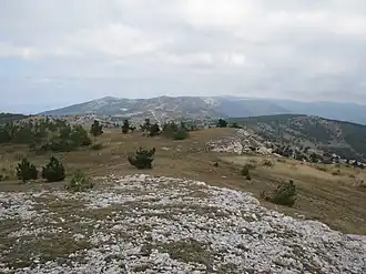 Вид на Ялтинскую яйлу (далёкая вершина чуть правее центра снимка — Кемаль-Эгерек)