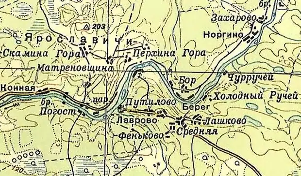 Куст деревень Ярославичи на карте 1940 года