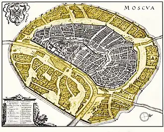 Земляной город на плане (1638) Маттеуса Мериана выделен жёлтым цветом.