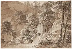 Каменистая долина с деревьями, кустами и деревянным сараем через небольшой мост недалеко от Хоэнштайна в Саксонской Швейцарии. До 1800. Бумага, кисть, перо, сепия. Галерея Йозефа Фаха, Гамбург