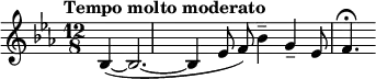  \relative c' { \clef treble \key ees \major \time 12/8 \tempo "Tempo molto moderato" \partial 8*5 bes4~\p\<( bes2.~ | bes4 ees8 f) bes4-- g-- ees8 f4.\fermata } 
