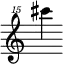 { \new Staff \with { \remove "Time_signature_engraver"} {\clef "treble^15" cis'''''4}}