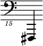 { \new Staff \with { \remove "Time_signature_engraver"} {\clef "bass_15" fis,,,,4}}