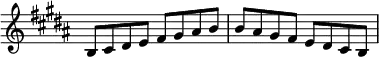 \new Staff \with {\remove "Time_signature_engraver"} {\key b \major \set Score.tempoHideNote = ##t \tempo 8 = 120
b8 cis'8 dis'8 e'8 fis'8 gis'8 ais'8 b'8
b'8 ais'8 gis'8 fis'8 e'8 dis'8 cis'8 b8 }