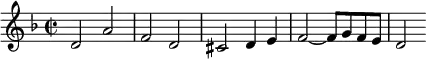 \relative d' {\time 2/2 \key d \minor d2 a' f d cis d4 e f2~ f8 g f e d2}