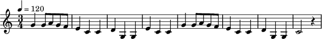 M: 3/4
Q: 1/4=120
G2 G A G F | E2 C2 C2 | D2 G,2 G,2 | E2 C2 C2 |
G2 G A G F | E2 C2 C2 | D2 G,2 G,2 | C4 z2 |