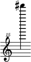{ \new Staff \with { \remove "Time_signature_engraver"} {\clef "treble^15" fis'''''''4}}