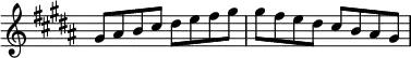 \new Staff \with {\remove "Time_signature_engraver"} {\key gis \minor \set Score.tempoHideNote = ##t \tempo 8 = 120
gis'8    ais'8    b'8    cis''8    dis''8    e''8    fis''8  gis''8
gis''8    fis''8    e''8    dis''8    cis''8    b'8  ais'8    gis'8 }