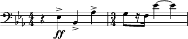   \relative c { \clef bass \key ees \major \numericTimeSignature \time 4/4 r4 ees->\ff bes-> aes'-> | \time 3/4 g8[ r16 f] ees'4~ | ees } 