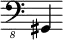 { \new Staff \with { \remove "Time_signature_engraver"} {\clef "bass_8" gis,,4}}