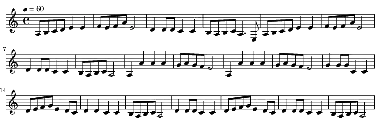 \relative c' {
\tempo 4=60
a8 b c d e4 e
f8 e f a e2
d4 d8 d c4 c
b8 a b c a4. e8
a b c d e4 e
f8 e f a e2
d4 d8 d c4 c
b8 a b c a2
a4 a' a a
g8 a g f e2
a,4 a' a a
g8 a g f e2
g4 g8 g c,4 c
d8 e f g e4 d8 c
d4 d c c
b8 a b c a2
d4 d8 d c4 c
d8 e f g e4 d8 c
d4 d8 d c4 c
b8 a b c a2
}