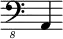 { \new Staff \with { \remove "Time_signature_engraver"} {\clef "bass_8" a,,4}}