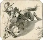 Всадник, стреляющий с падающей лошади. Бумага, кисть, тушь. Университетская библиотека, Лейден