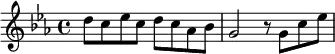 {\clef treble \key c \minor \time 4/4 {d''8 c''8 ees''8 c''8 d''8 c''8 aes'8 bes'8 | g'2 r8 g'8 c''8 ees''8|} }