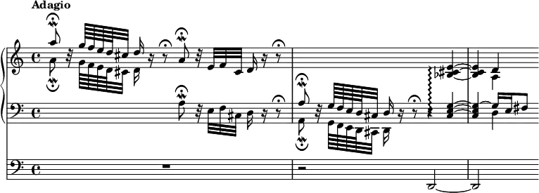 \new Score <<
\new PianoStaff <<
\new Staff <<
\new Voice \relative c''' {
\set PianoStaff.connectArpeggios = ##t
\override Score.NonMusicalPaperColumn #'line-break-permission = ##f
\tempo Adagio
\voiceOne
a8 \fermata \mordent b,32 \rest g'64 f e d cis32 d16 b \rest b8 \rest \fermata
a \fermata \mordent b32 \rest e, f cis d16 b' \rest b8 \rest \fermata |
s2. \oneVoice <bes, cis e>4 ~ \arpeggio
<bes cis e>4 d
}
\new Voice \relative c'' {
\voiceTwo
a8 \fermata \mordent s32 g64 f e d cis32 d16 s8. s2 |
s1
s4 a
}
>>
\new Staff <<
\new Voice \relative c' {
\clef "bass"
s2 a8 \fermata \mordent d,32 \rest e f cis d16 d \rest d8 \rest \fermata |
\voiceOne
a'8 \fermata \mordent d,32 \rest g64 f e d cis32 d16 d16 \rest d8 \rest \fermata d4 \rest <cis e g>4 ~ \arpeggio |
<cis e g> ~ g'16 e fis8
}
\new Voice \relative c {
\voiceTwo
s1
a8 \fermata \mordent s32 g64 f e d cis32 d16 s8. s2 |
s4 d'4
}
>>
>>
\new Staff \relative c, {
\clef "bass"
R1 |
r2 d ~ |
d
}
>>